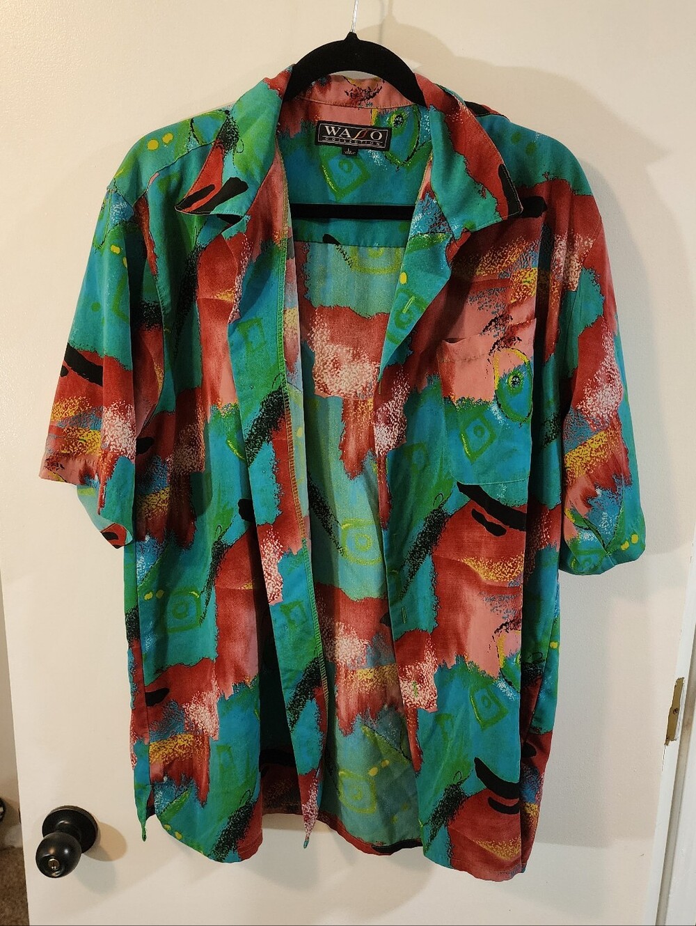 Wasso 1990s Turquoise & Coral Abstract Print Short-Sleeve Shirt